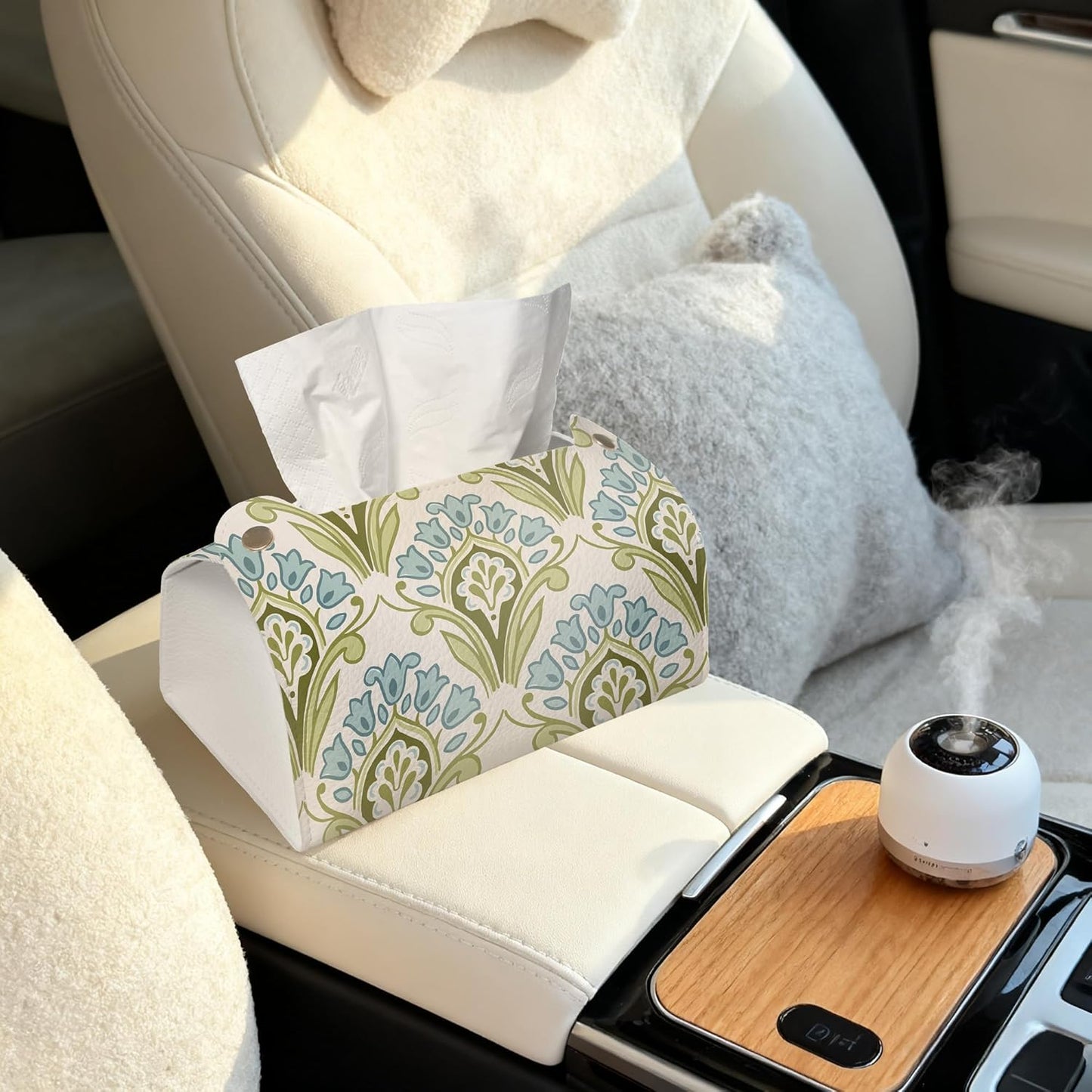 Green and Blue Floral Tissue Box Cover Holder – Rectangular Tissue Organizer, Decorative Napkin Box Case for Home, Office & Car