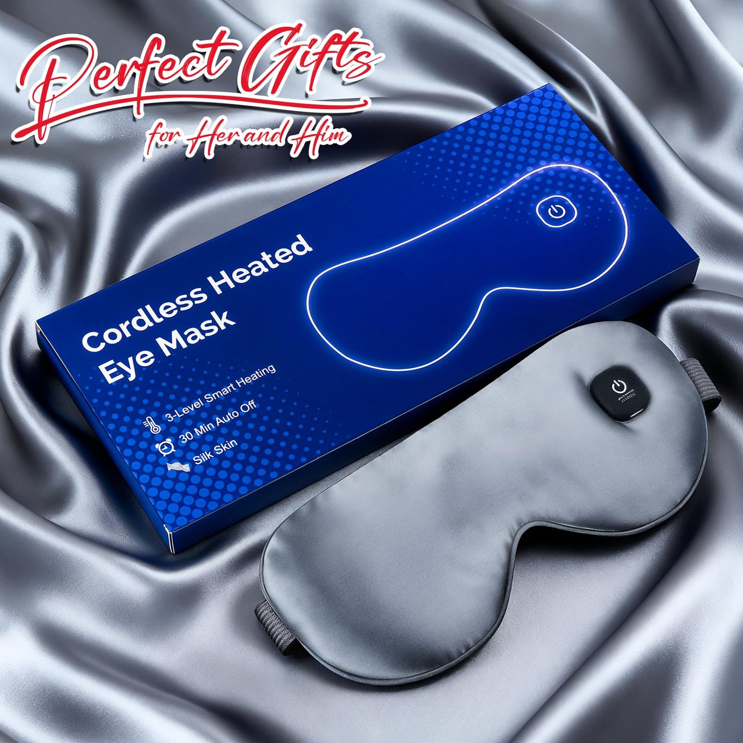 Cordless Heated Eye Mask for Dry Eyes, Blocking Light Warm Compress Rechargeable, 1000mAh Electric Eye Heating Pad for Sleeping, Washable Silk Heat Sleep Mask with 3 Temperature Settings, Grey