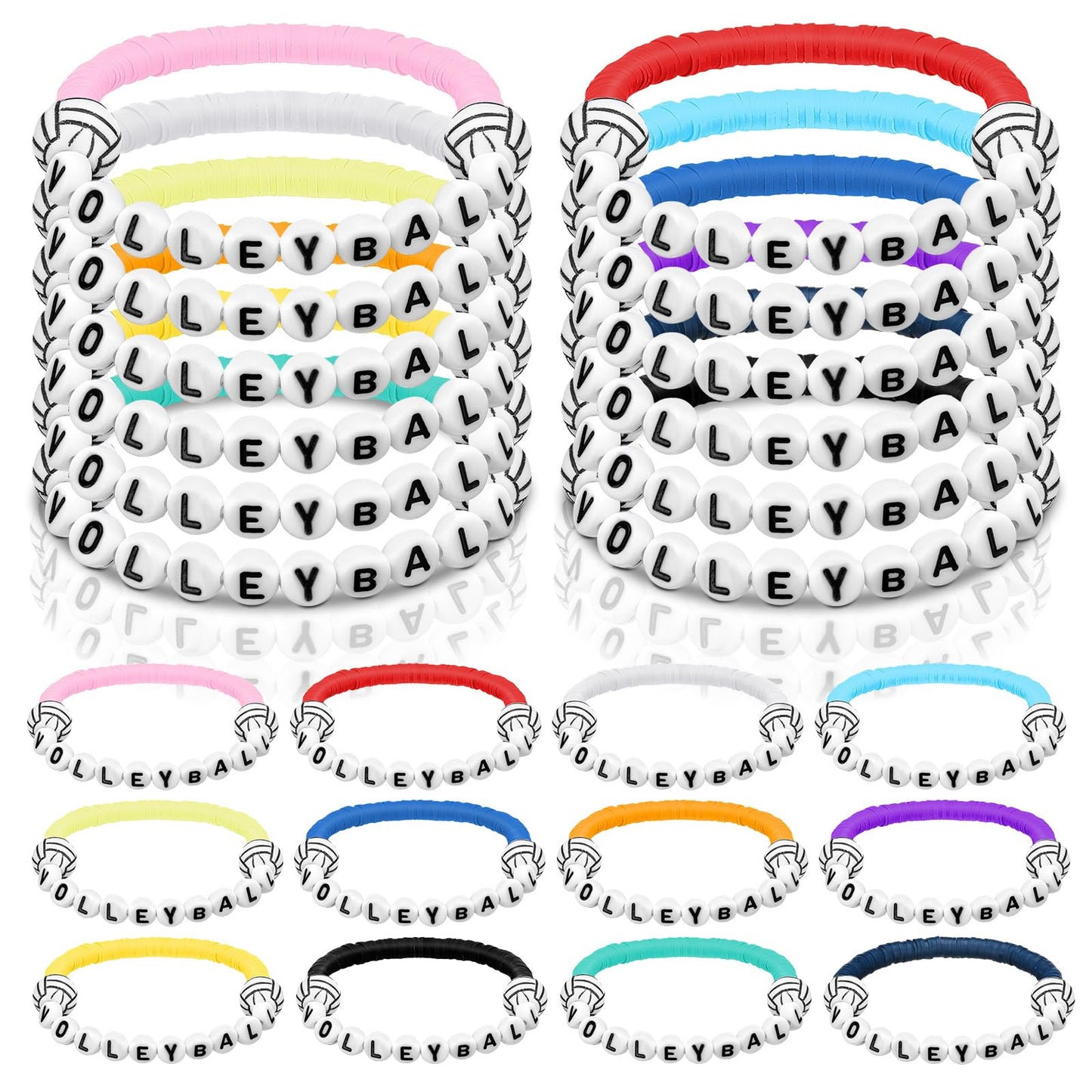 Trnayi 24 Pcs Volleyball Bracelets Volleyball Party Favors Charm Volleyball Bracelet Stackable Clay Beaded Bracelets for Volleyb