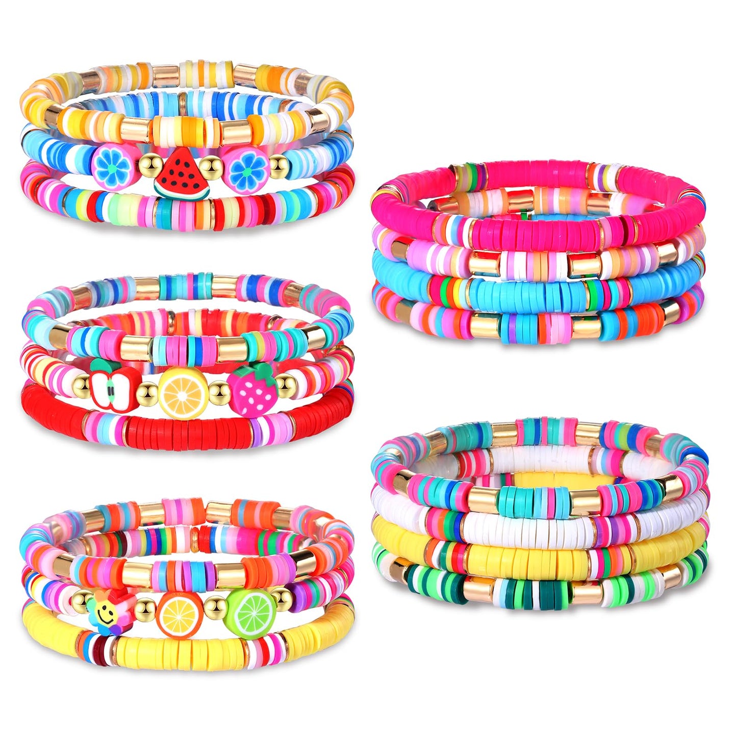 FAERLIIRY 17Pcs Beaded Bracelet Heishi Stretch Bracelets for Woman Preppy Bracelets Fruit Beaded Bracelet Colorful Beach Surfer