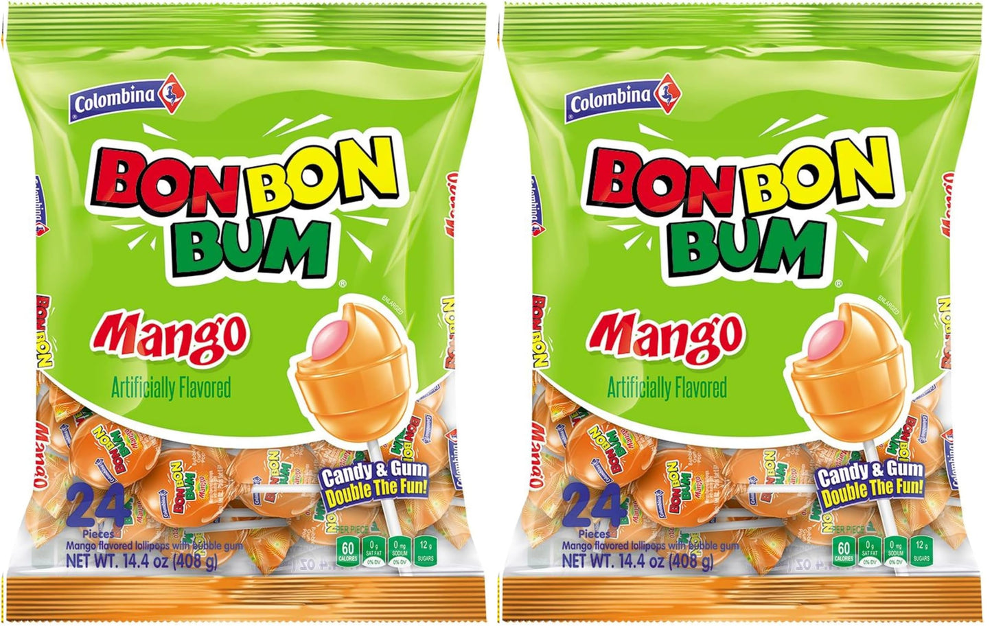 Colombina Bon Bon Bum Lollipops Mango Flavor, 24 Count (Pack of 2)