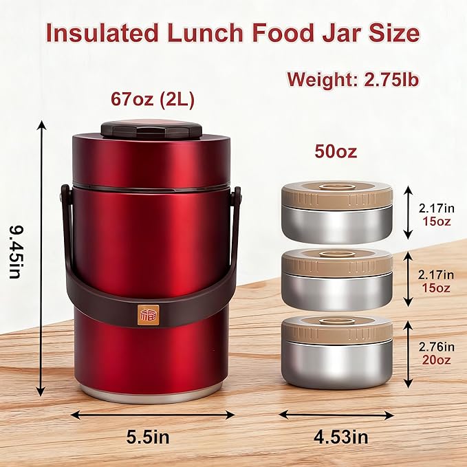67oz Vacuum Insulated Lunch Food Container for Hot Food, 3 Tier Sealed Stackable Food Thermo, Adults Stainless Steel Wide Mouth Thermal Lunch Box, Leak-Proof Thermo Food Jar for Office & Outdoor(Red)