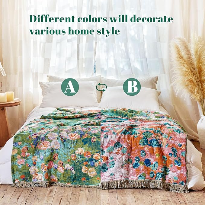 MSGKV Boho Throw Blanket for Bed Cotton Floral Twin Size Couch Blanket 60"x80" Muslin Breathable Lightweight Farmhouse Blankets All Seasons