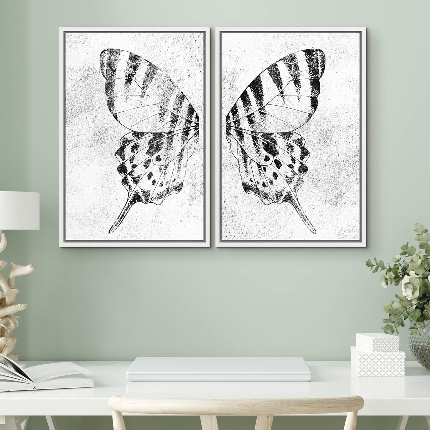 SIGNWIN Framed Canvas Print Wall Art Set Black & White Monarch Butterfly Wing Insect Nature Wilderness Illustrations Modern Art Rustic Relax/Calm for Living Room, Bedroom, Office - 16"x24"x2 White