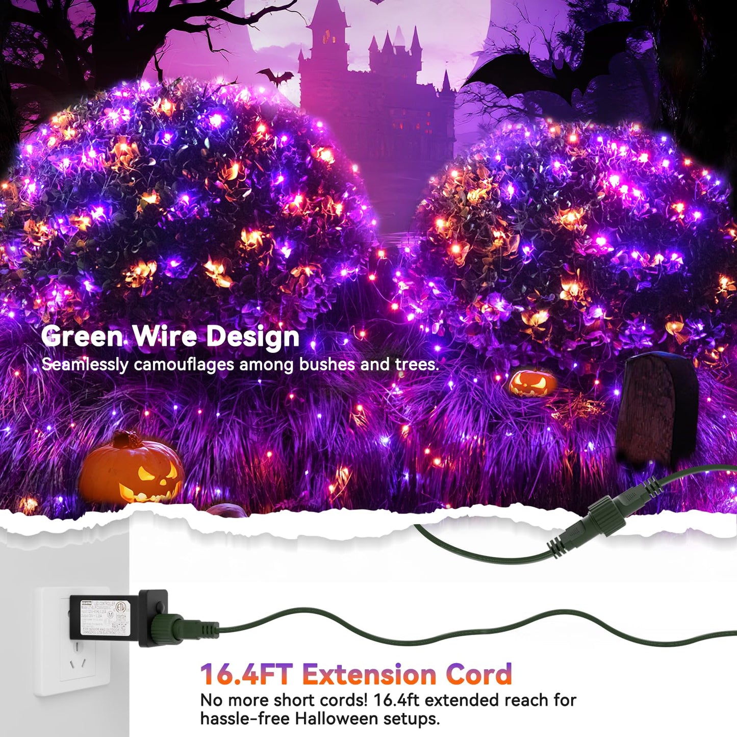 Lithome 14.8Ft X 5Ft Halloween Net Lights  300 Led Purple Orange Bush Lights With 8 Modes  Connectable Waterproof Net Mesh Light Dark Green Wire For Bushes Shrubs Trees Outdoor Holiday Decor