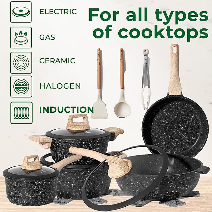 JUST PERFECTO Kitchen Pots and Pans Set with Lids Non Stick Induction Cookware Set Nonstick Frying Pans Set 14 Pcs Healthy Cooking Pots without PTFE and PFOA – Gray