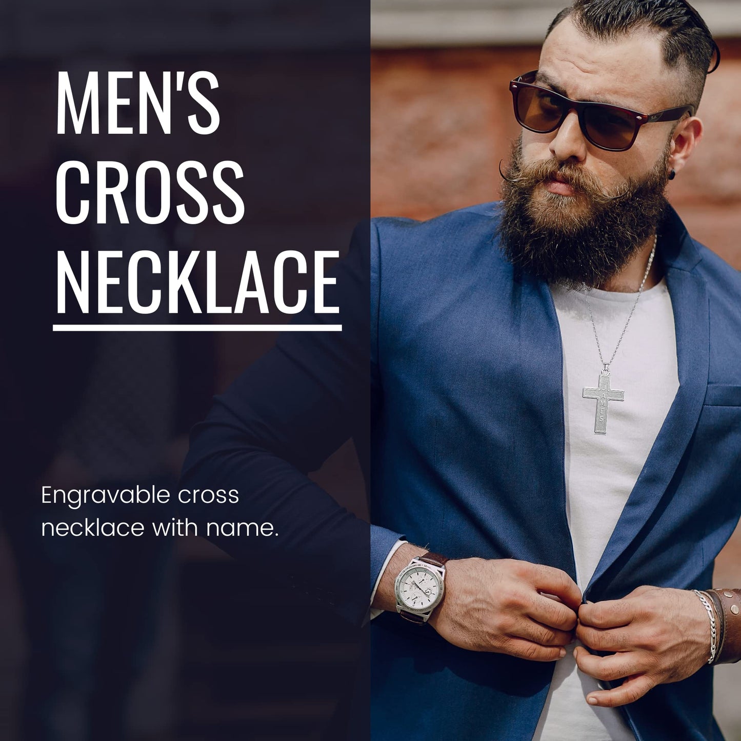 Moonlight Collections Engraved Personalized Cross Necklace with Names for Men Sterling Silver Custom Cross Necklace