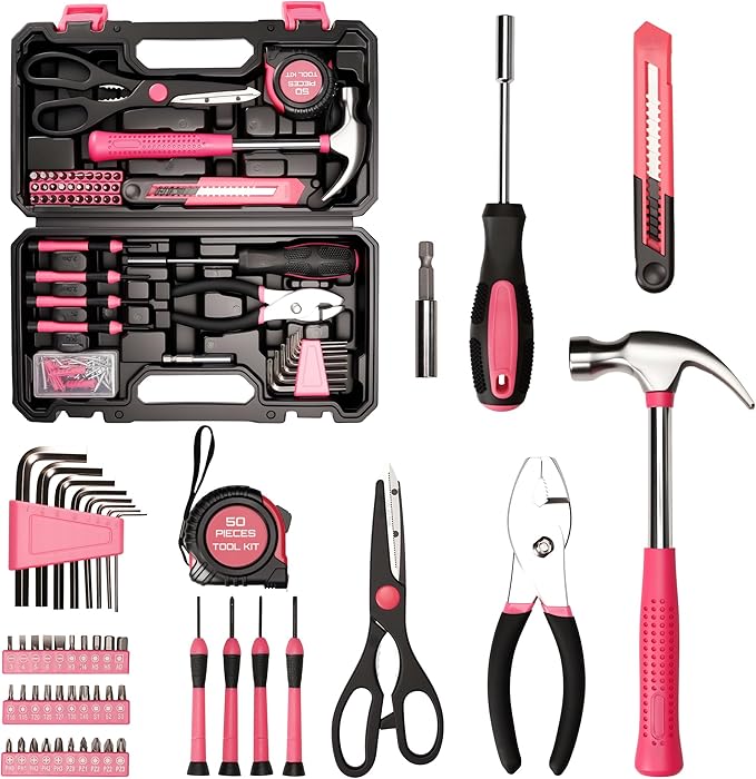 50-Piece Pink Tool Set for Women, Household Small Tool Set with Storage Toolbox for Home Repairs, Hand Tool Kit for College, Dorm, Office
