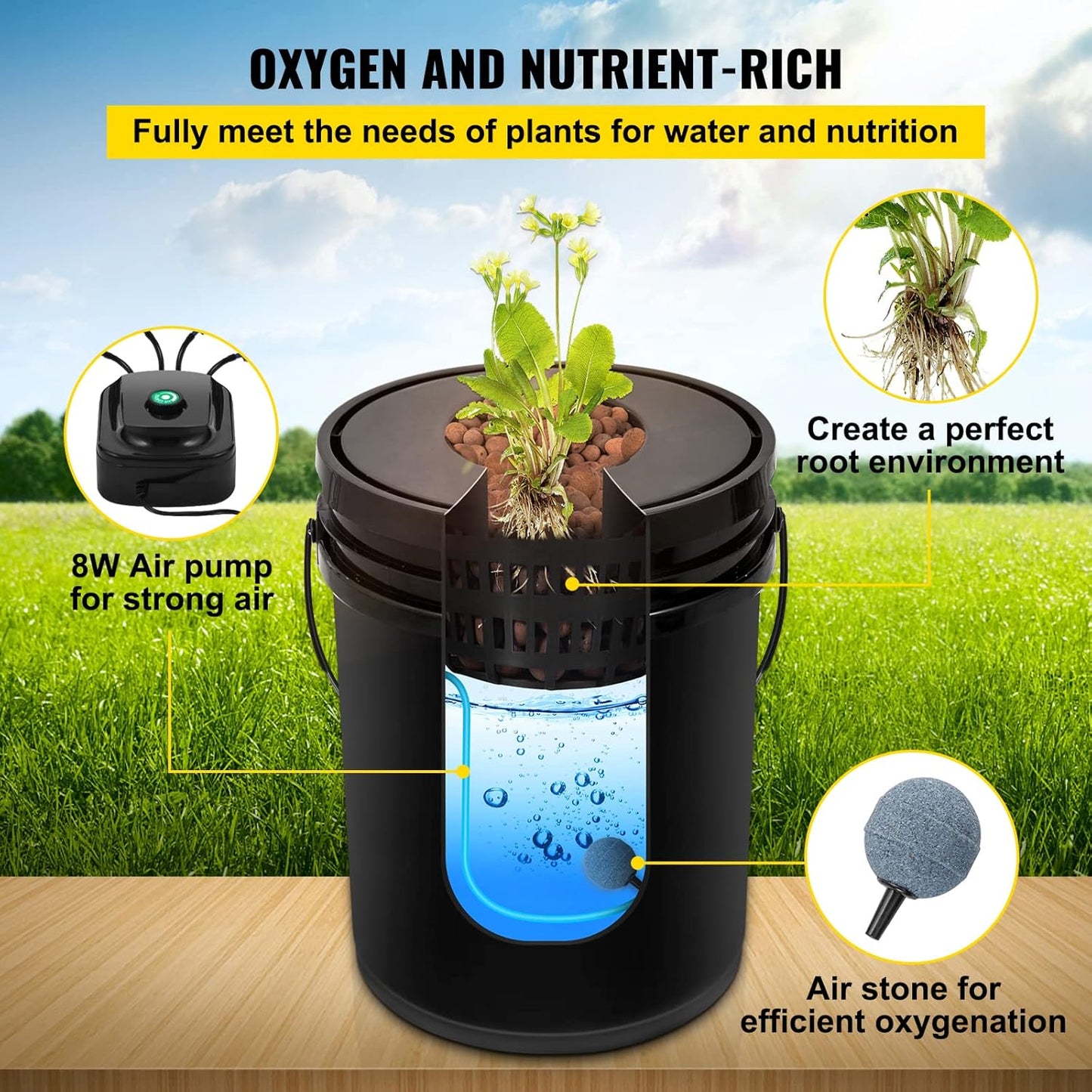 VEVOR DWC Hydroponic System, 5 Gallon 4 Buckets, Deep Water Culture Growing Bucket, Hydroponics Grow Kit with Pump, Air Stone and Water Level Device, for Indoor/Outdoor Leafy Vegetables