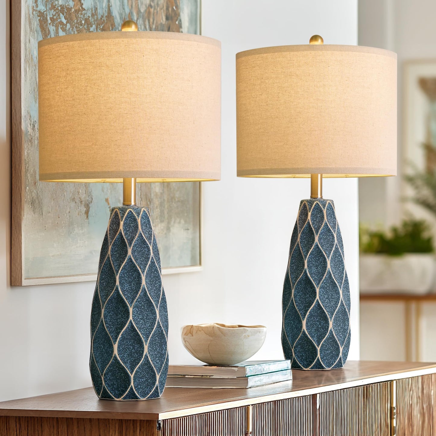 27.5 Ceramic Table Lamps For Living Room Bedroom Lamps Set Of 2 Modern Boho Bedside Lamps Night Stands Farmhouse Vintage Large Nightstand Lamp Reading Light Home Office Dorm Desk Deco Gifts  Blue