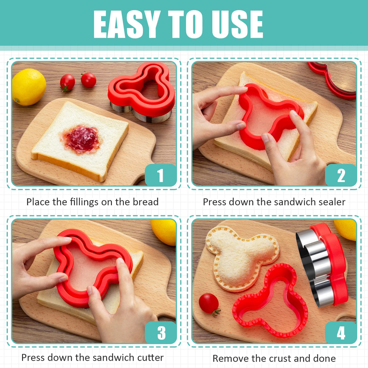 48Pcs Sandwich Cutter and Sealer Set for Kids, Decruster Sandwich Maker Holiday Cookie Cutters Fruit Vegetable Food Cutter Shapes for Boy & Girls Bento Lunch Box w/Mickey Mouse Dinosaur Unicorn Heart