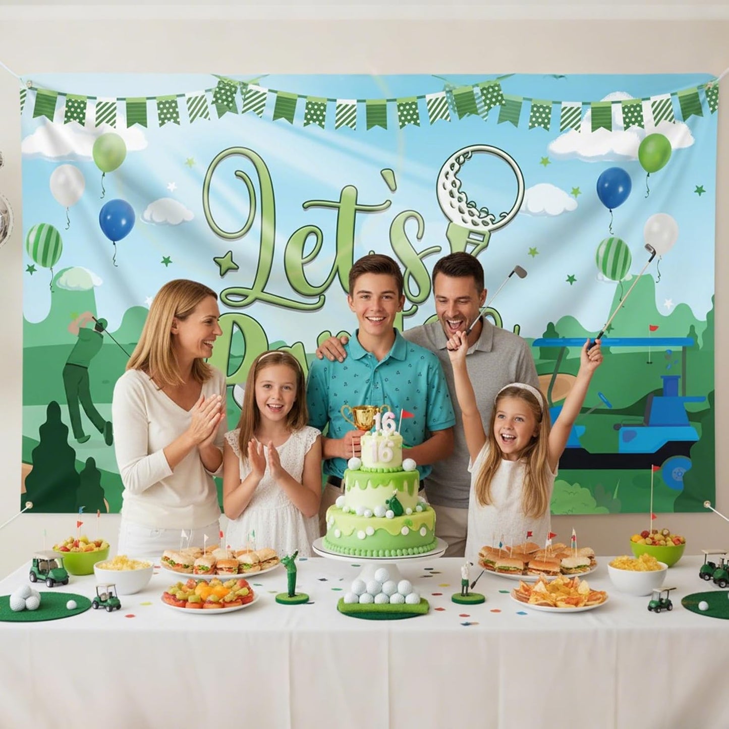 Golf Party Decorations Backdrop Banner - Let’s Par‑Tee Vinyl Photo Background for Retirement Birthday Decor, Golf Party Banners with Fairway Green Pattern Design (71x43 in)