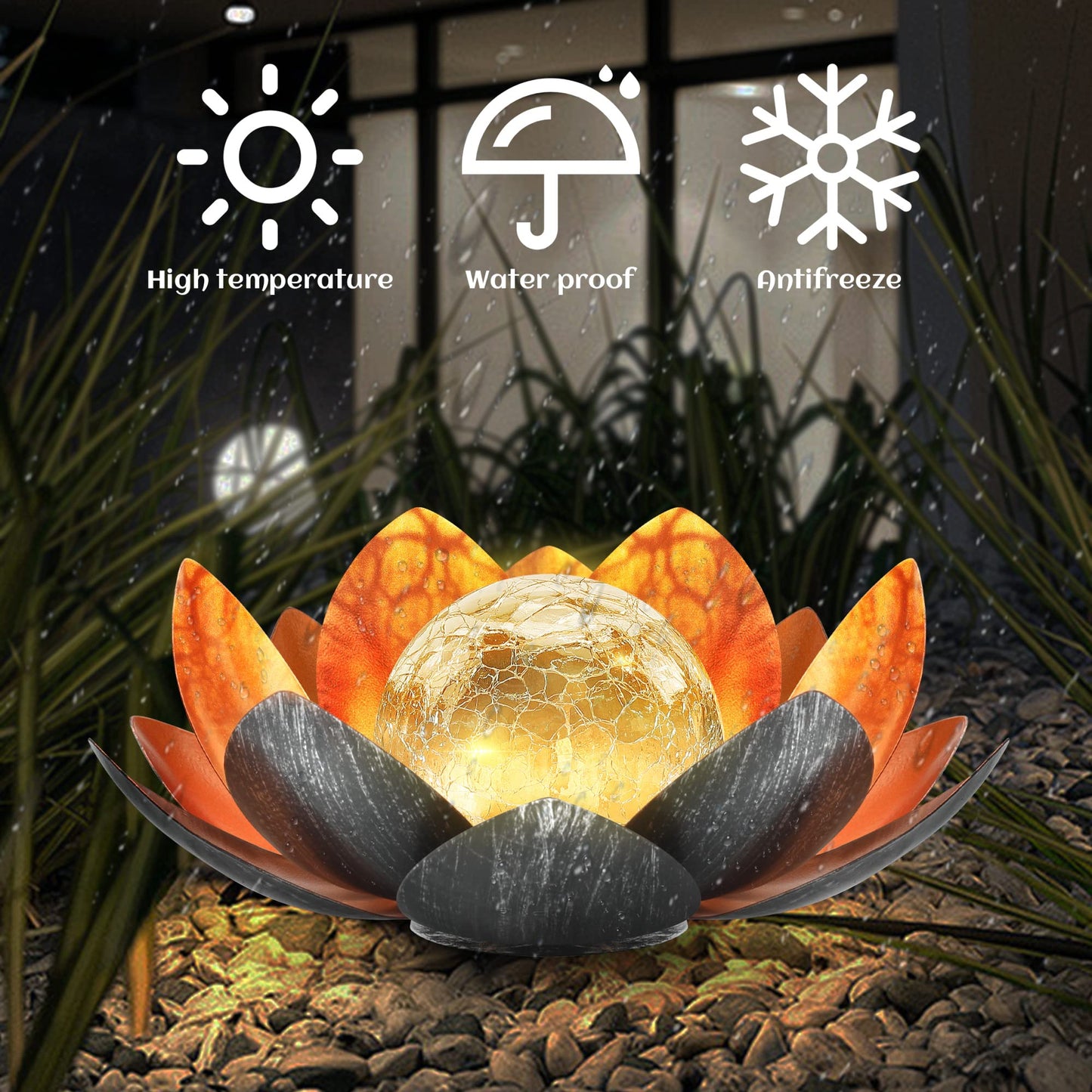 QZHP Outdoor Solar Lights,  le Glass Globe, Waterproof Metal Lotus, Copper, Model HP001