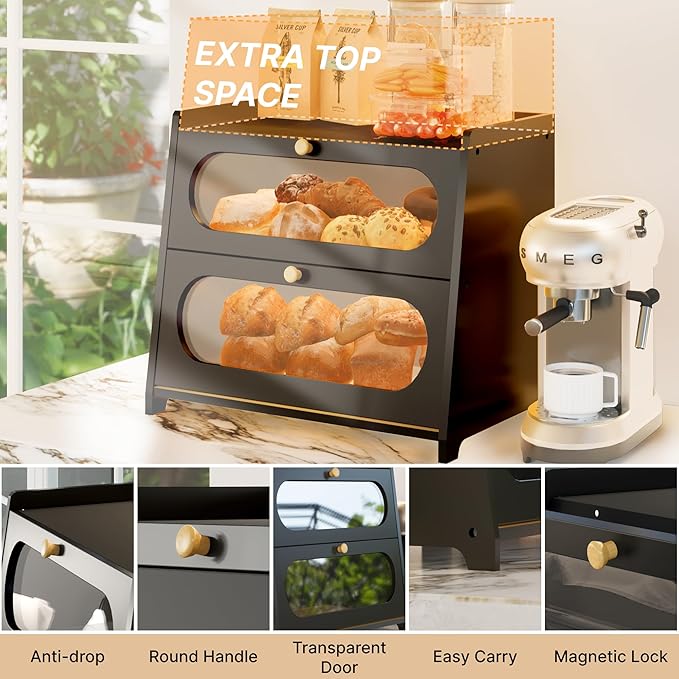 Black Bread Box for Kitchen Countertop, Double Layer Breadbox, Large Capacity with Window, Farmhouse Bread Storage Container, Fits Corner, Cabinet, Pantry