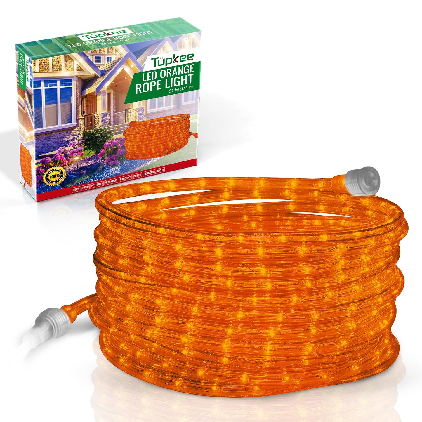 Tupkee LED Rope Light - Orange, 24 Feet, 10MM Diameter, 144 Long Life Bulbs, Indoor/Outdoor Use, Model E237798