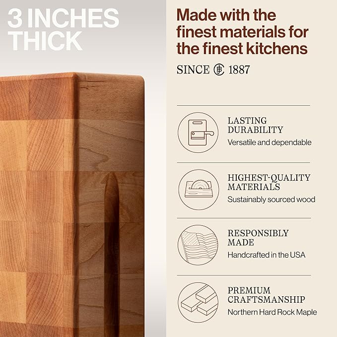 John Boos CCB Series Square Wooden Maple Cutting Board 12”x12” – 3” Thick, 13-lb Reversible Butcher Block with End-Grain & Finger Grips – Made in the USA