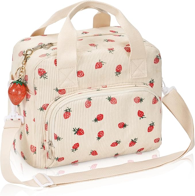 Large Lunch Bag for Women Strawberry Insulated Lunch Box Reusable Cooler Bag Portable Cute Corduroy Leakproof Tote Bags with Keychain for Travel, Work, and Picnic
