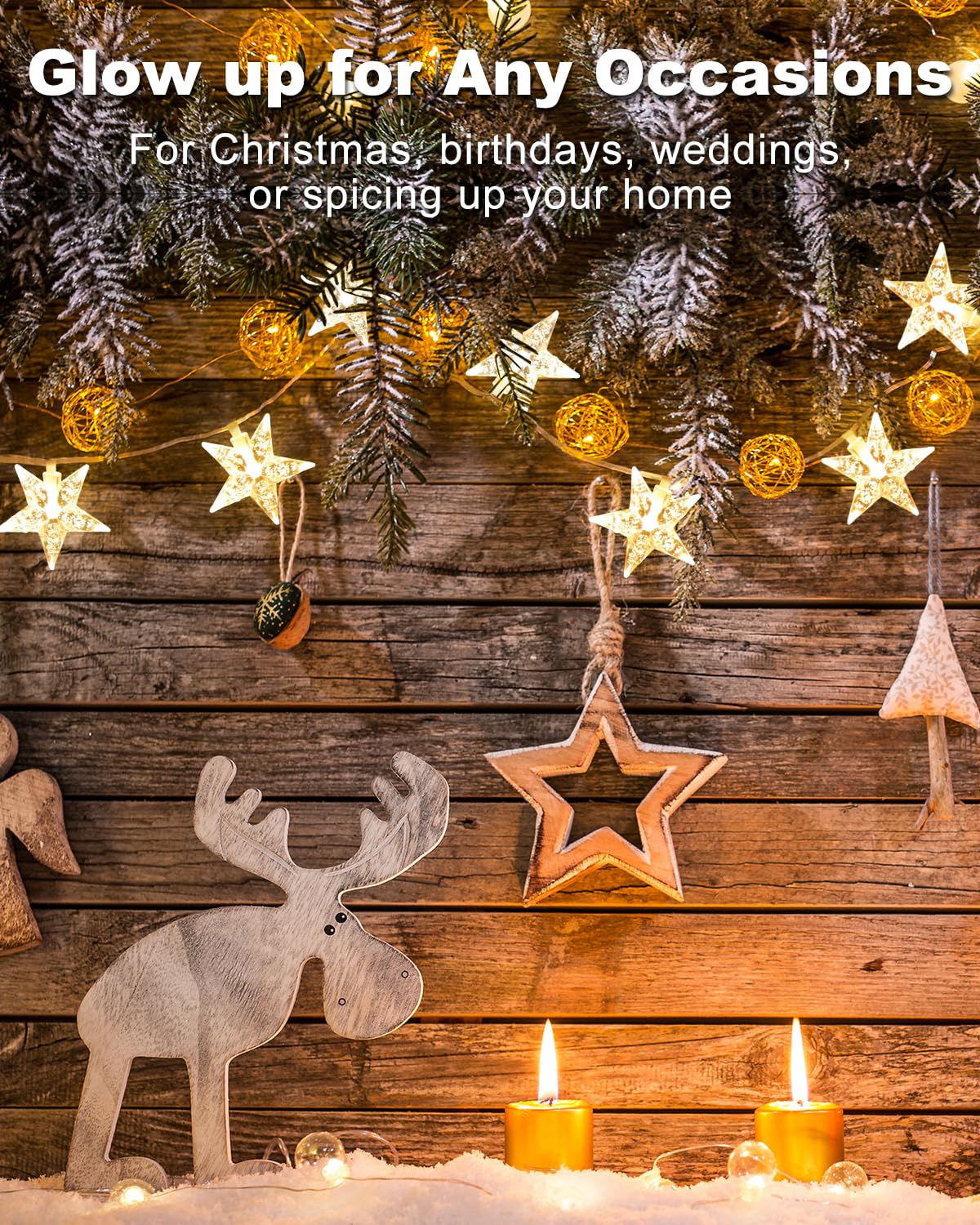 JOLYMOLY Star String Lights, 100 LED, 59ft, Warm White, Waterproof, Plug-in, Model FX-SL002, Remote Timer for Indoor/Outdoor Decor