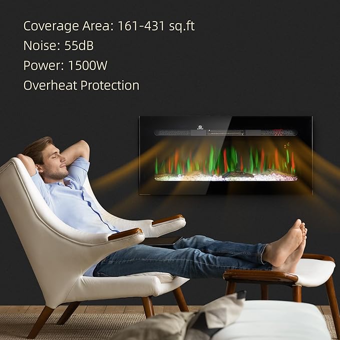 HOMCOM 40" Electric Fireplace Recessed and Wall Mounted with Remote Control, 1500W Fireplace Heater with 8H Timer, Adjustable Flame Color and Brightness, Log and Crystal