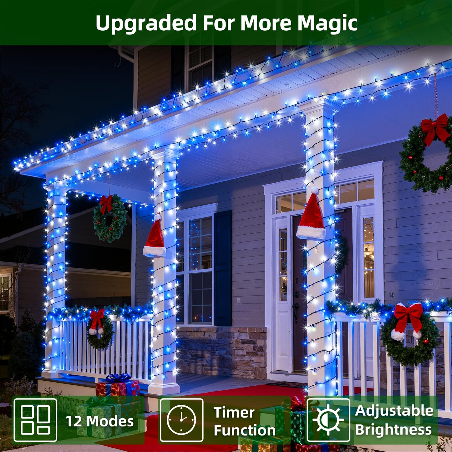 1500 Led Chrstmas Lights  470Ft Outdoor Christmas String Lights With 12 Modes  Blue Cool White Led String Lights With Timer Dimmable Waterproof For Tree Fence Xmas Wedding Party Decor Blue&Cool White