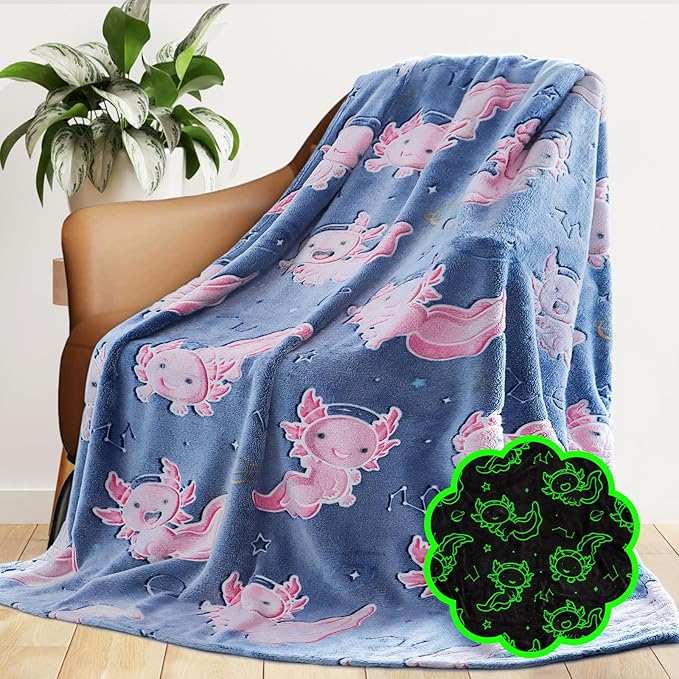 Axolotl Blanket Glow in The Dark Salamander Soft Blankets Pink Axolotl Gifts Toys Decor Cute Cozy Plush Blue Kids Throw for Boys Girls Teenage