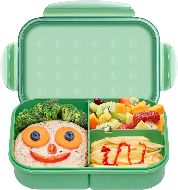 Wheat Straw Bento Box, BPA-Free Lunch Box for Kids & Adults - Leakproof 3-Compartment Lunch Containers with Utensil, Microwave/Dishwasher Safe, 5.5 Cup Green