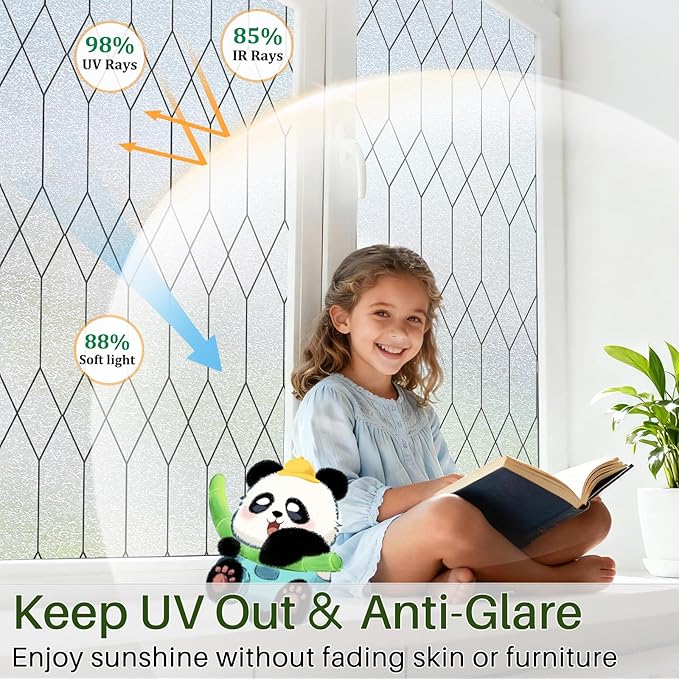 Windimiley Window Privacy Film Stained Glass Static Clings, Bathroom Frosted Leaded Decorative Window Stickers, UV Heat Blocking Opaque Removable for Home Door Coverings (17.5 x 118.1in,Pure)