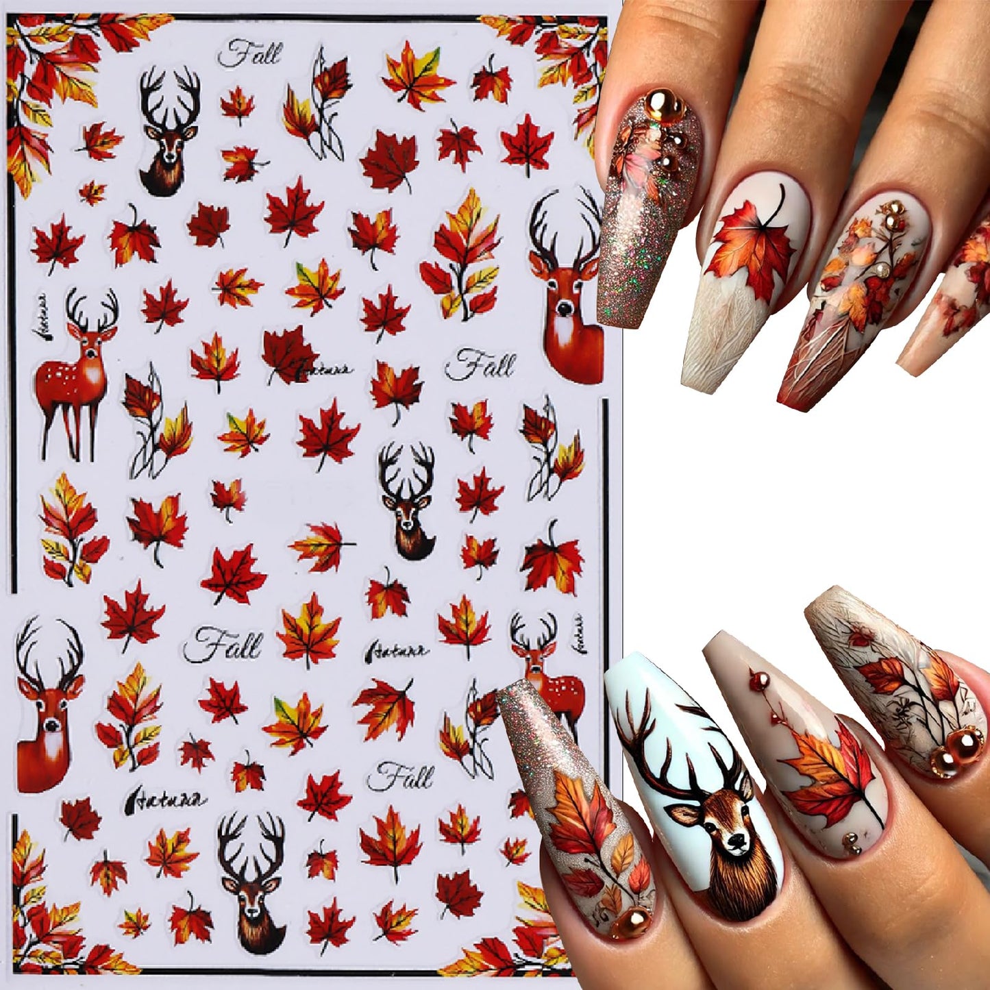 Fall Maple Leaf Nail Art Stickers Autumn Leaves Mushroom Deer Design Self-Adhesive Nail Sticker Fox Pumpkin Wheat Ears Nail Deca