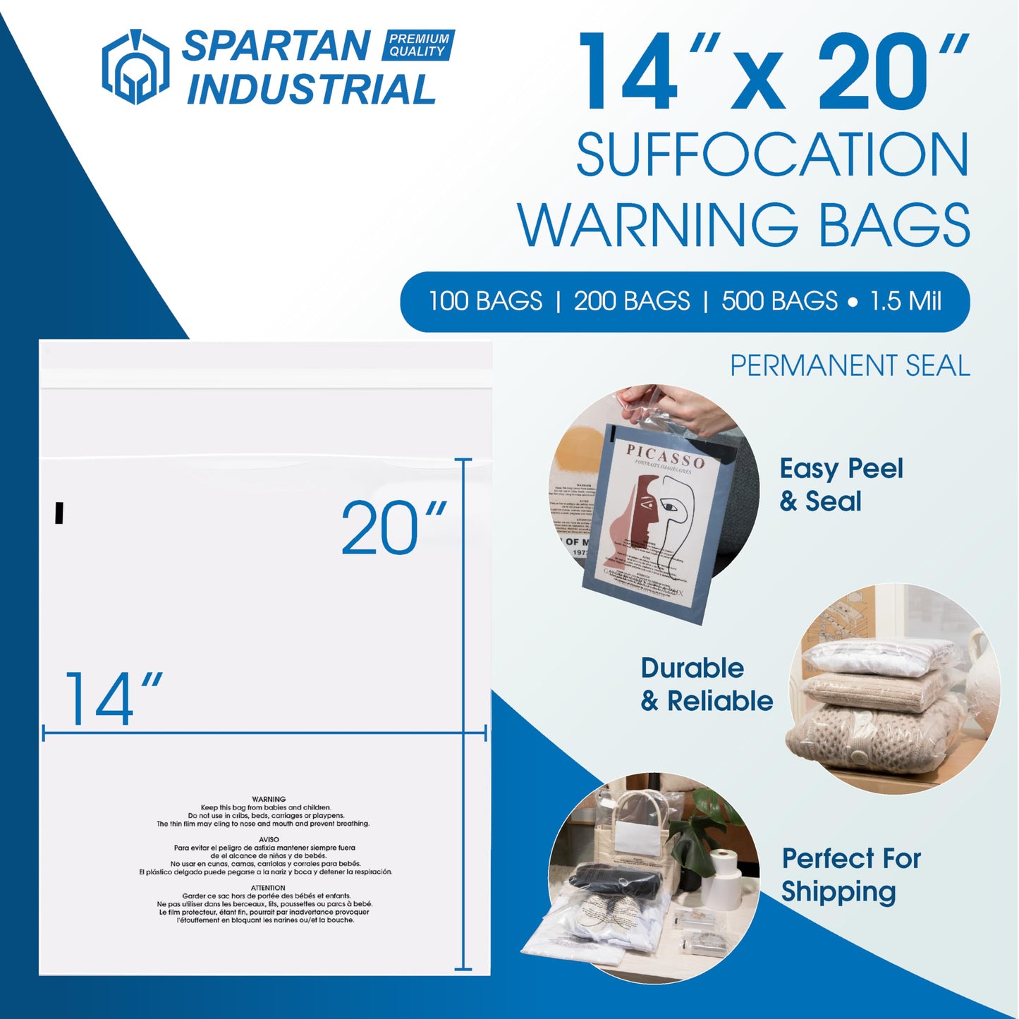 Spartan Industrial - 14” X 20” (100 Count) Self Seal Clear Poly Bags with Suffocation Warning for Packaging, Clothes & Shipping - Permanent Adhesive