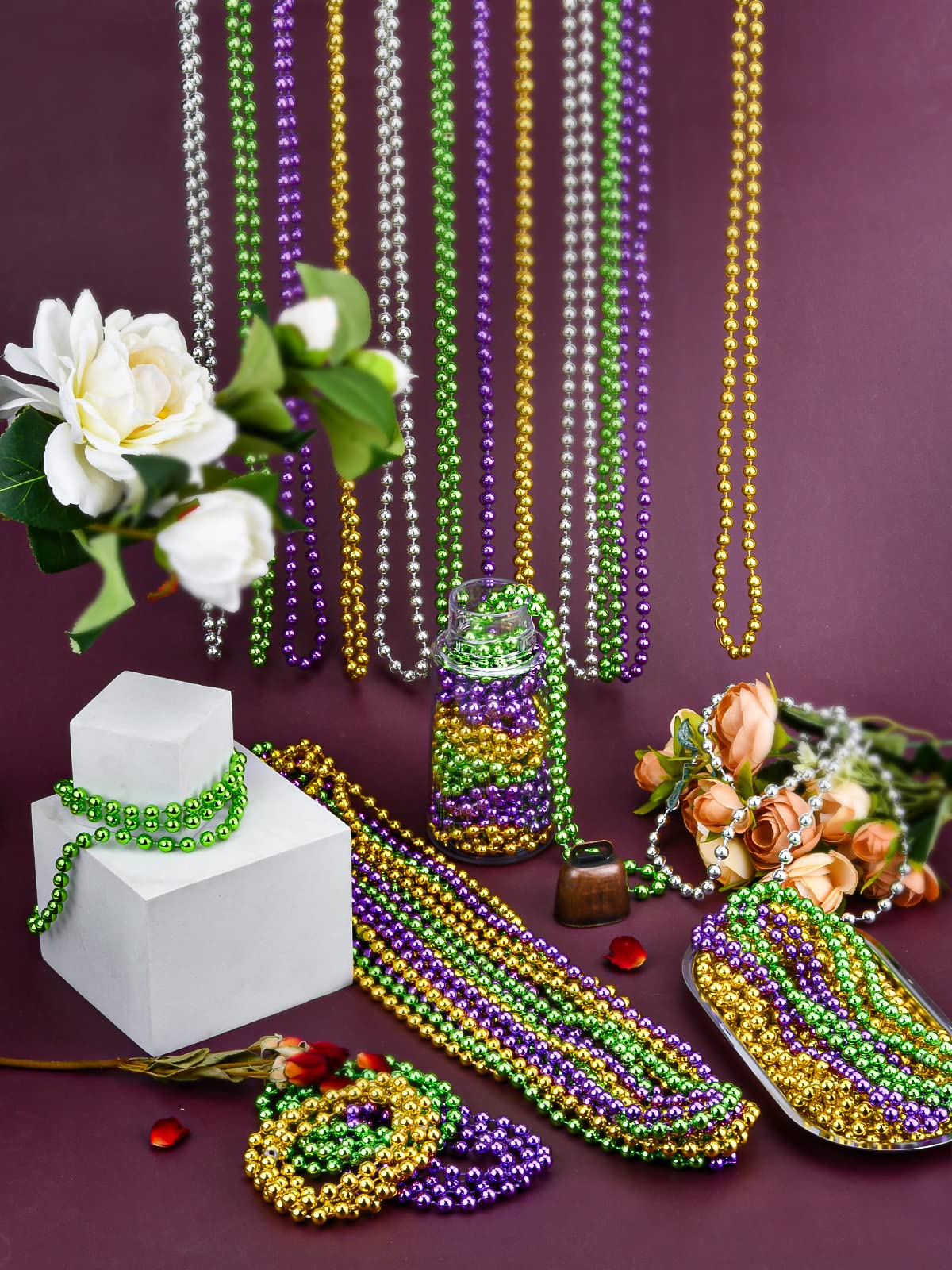16 PCS 7mm Mardi Gras Bead Gold Faux Pearl Beads Necklaces Bulk Party Favor Plastic Play Pearl for 32 Carnival Necklaces Christm