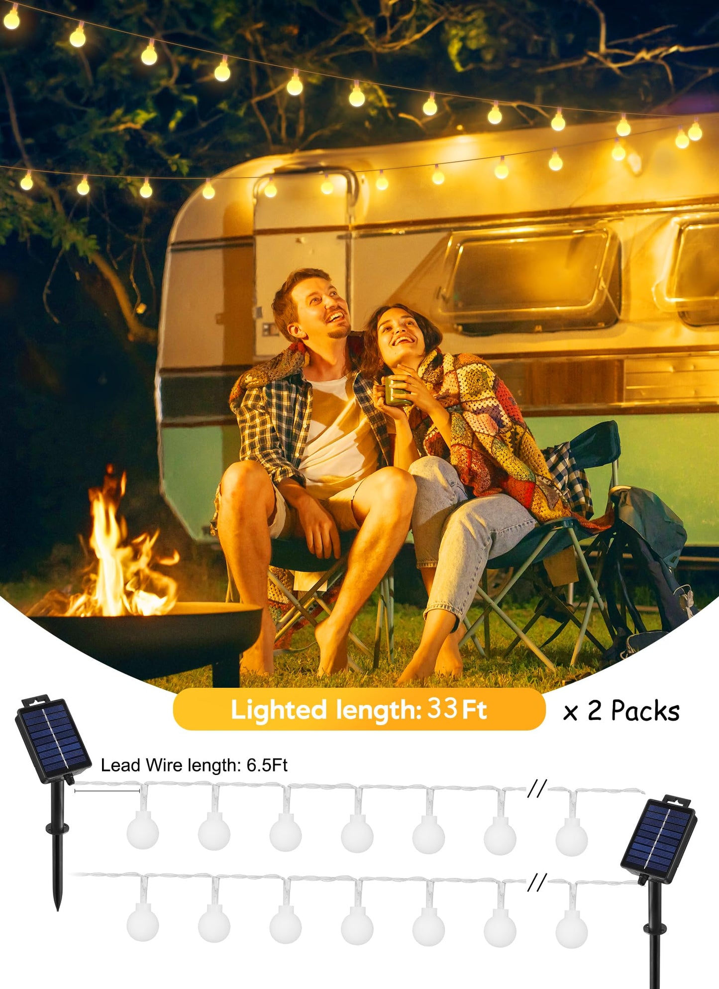 Brightown Solar String Lights, 200 LED Globe, 66Ft Total, Waterproof, 8 Modes, Warm White, Model Globe-ww-100d-2PC, 2 Packs