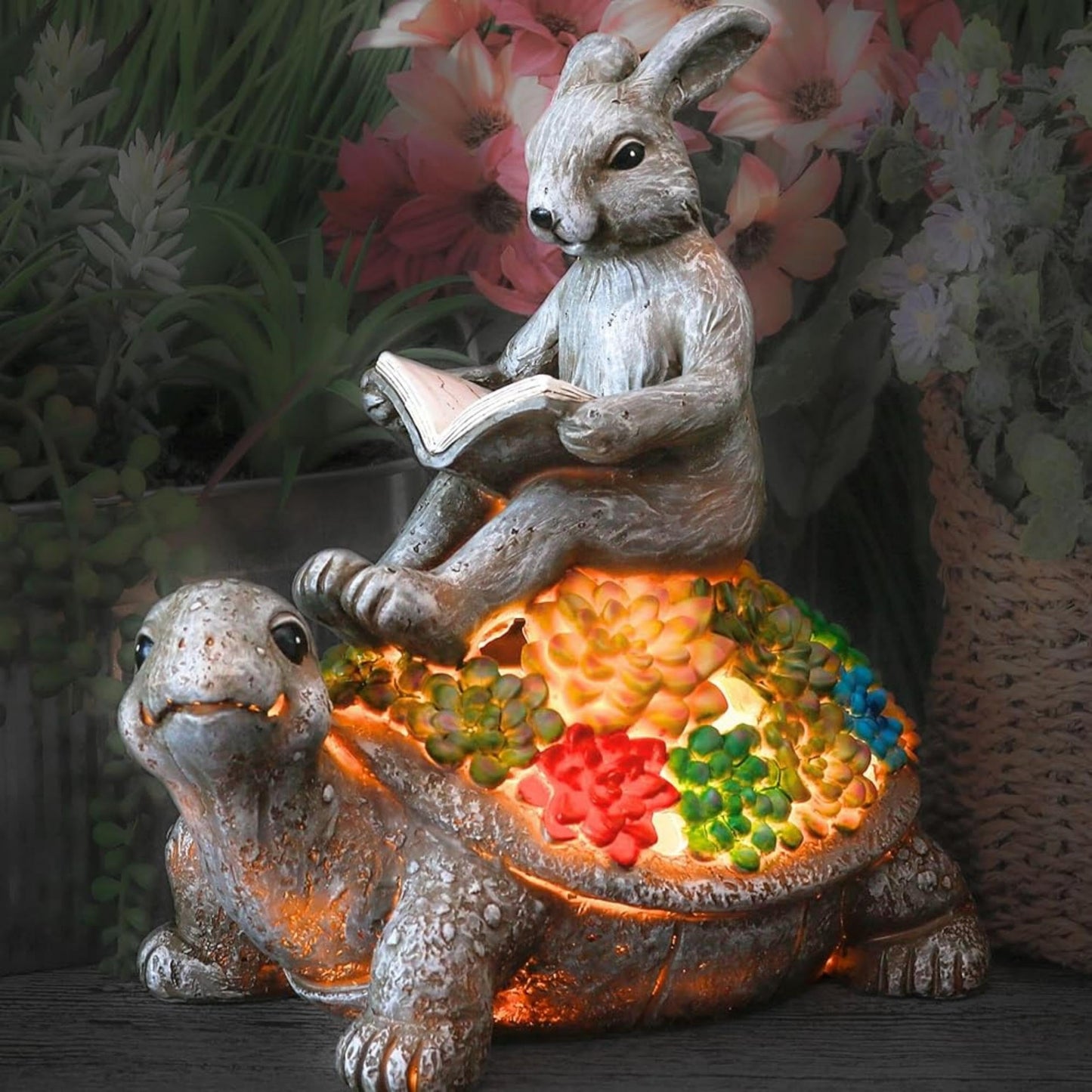 TERESAS COLLECTIONS Garden Statues Rabbit Turtle Solar Light, Gray, Large, Resin, 9in Outdoor Decor for Lawn Patio Yard