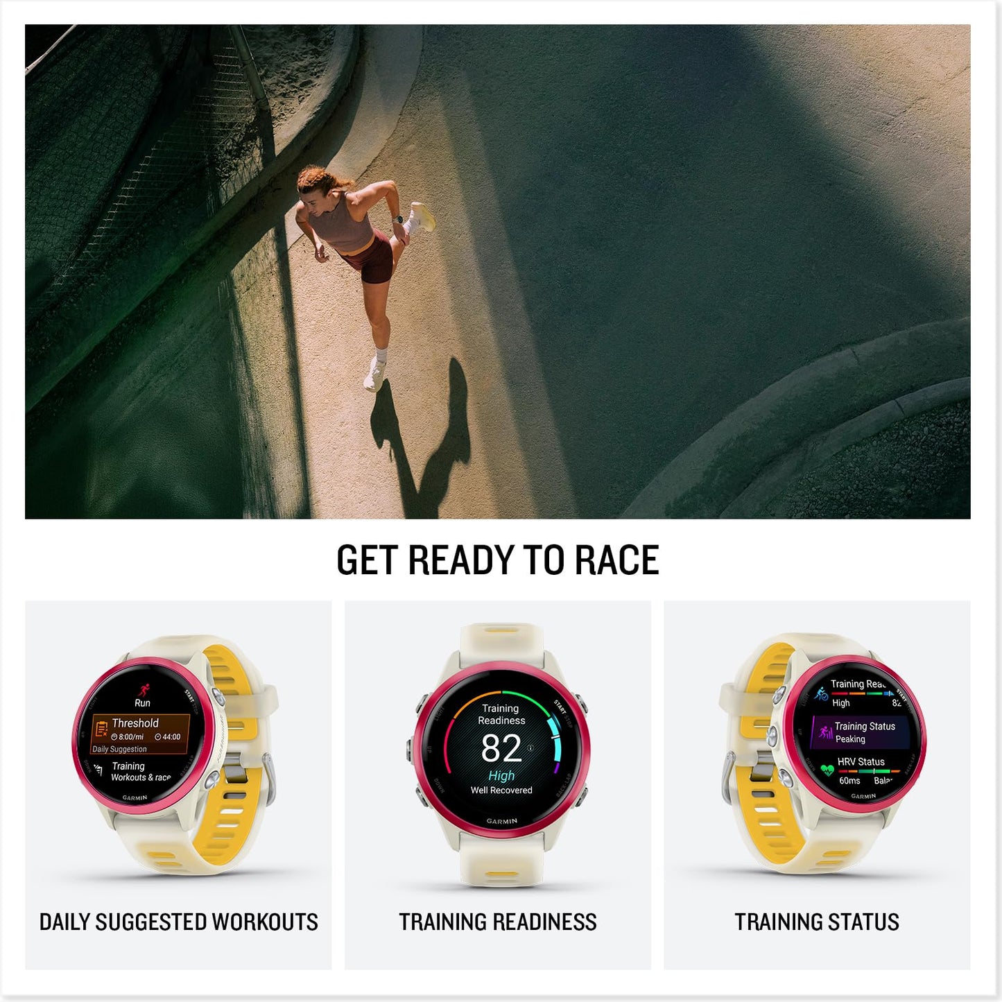 Garmin Forerunner 570 Running Smartwatch, 42MM WiFi, GPS Fitness Smart Watch for Men and Women, Raspberry Aluminum with Translucent Bone/Mango Band Bundle with P-Bank + More