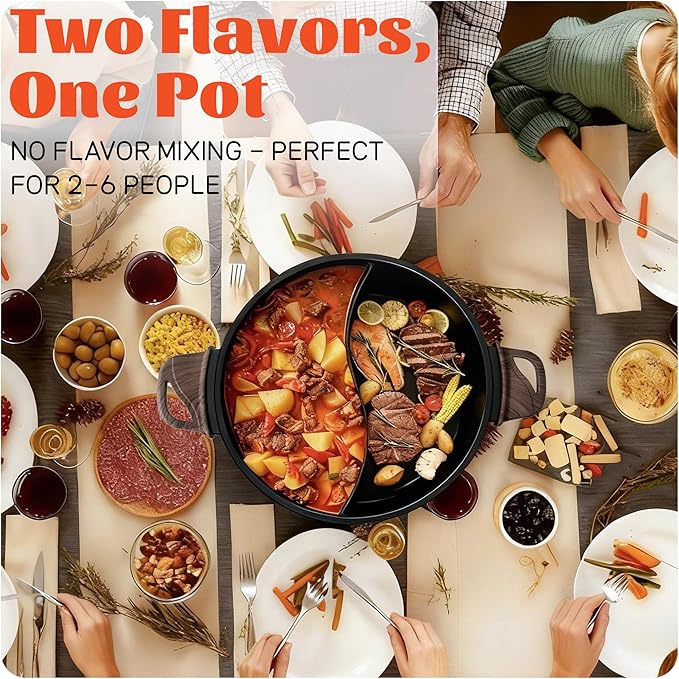TWIN™ Electric Hot Pot with Divider | PFAS-Free Ceramic Nonstick Pot | EvenHeat Cast Aluminum Body | 1500W Fast Heating | Dual-Flavor Shabu Shabu Pots for Family Use | 1-Yr Warranty