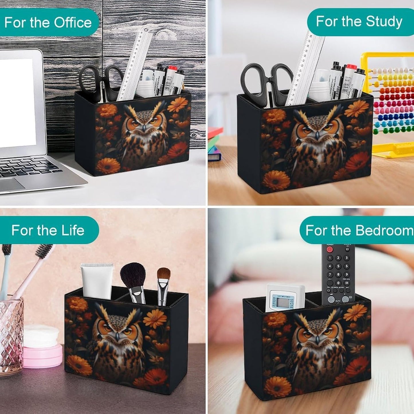Owl Among Flowers Lether Pen Holder for Desk Makeup Brush Holder Office Organizer Desk Accessory for School Office