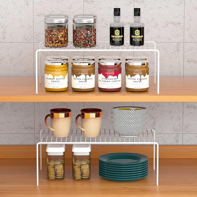iPEGTOP Set of 4 Kitchen Cabinet Shelf Organizer, Medium (13 x 9.4 Inch) Bathroom Cabinet Organization Wire Shelf Rack, Rustproof Storage Space Saver Shelves for Countertops Pantries Utensils -White