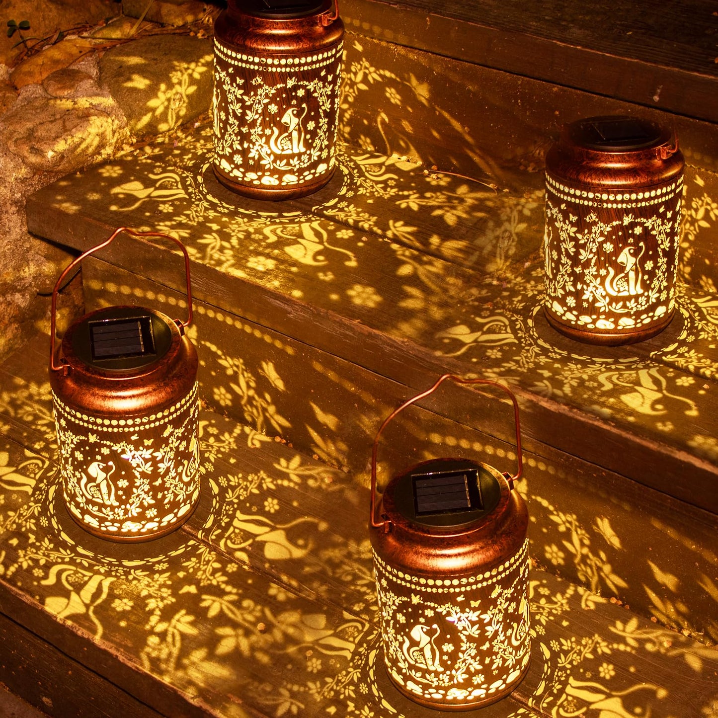 YISITEONE Solar Lanterns 4 Pack, Waterproof Metal Hanging Lights for Outdoor Garden, Brown, Model ES04250400009