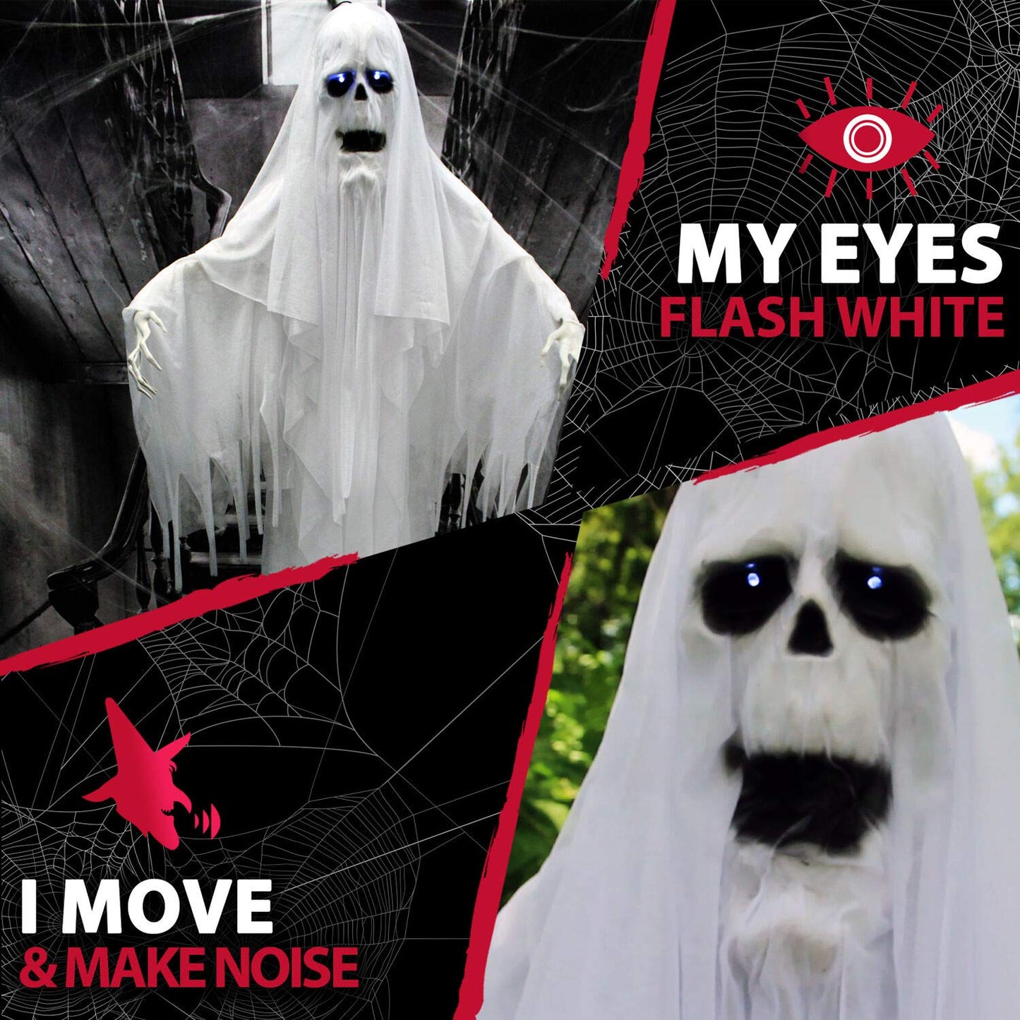 Haunted Hill Farm Life-Size Scary Talking Ghost Animatronic with Touch Activated Lights and Sound, Battery Operated Indoor or Covered Outdoor Decoration, Creepy Halloween Prop