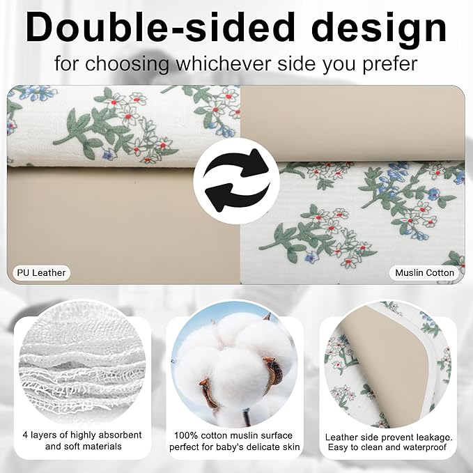 Baby Diaper Changing Pad, 19.7"x25.6" Waterproof Changing Pad Liners with 100% Muslin Cotton Front Top and Leather Back, Soft and Absorbent Portable Changing Mat for Travel, Changing Station