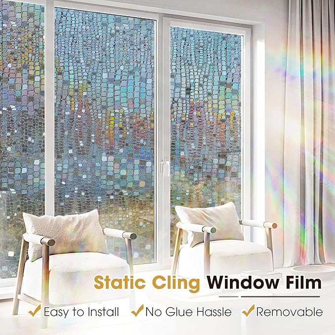 Windimiley Rainbow Window Privacy Film, 3D Stained Glass Christmas Decorative Window Clings, UV Heat Blocking Holographic Prism Stickers for Home (17.5 x 78.7In,Brown)