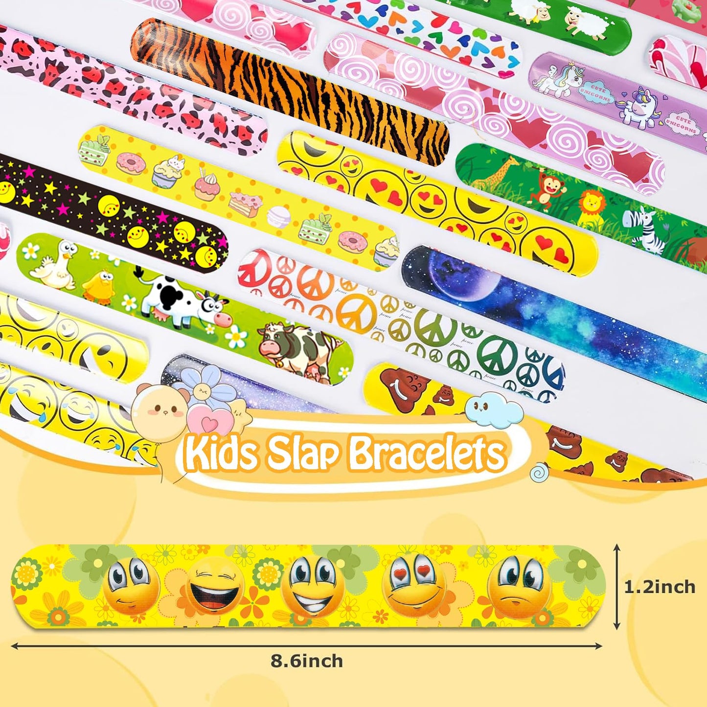 60 PCS Slap Bracelets for Kids, Christmas Gifts Colorful Bulk Wristbands with Animals, Galaxy, Dinosaurs, Donut, Party Favors, C