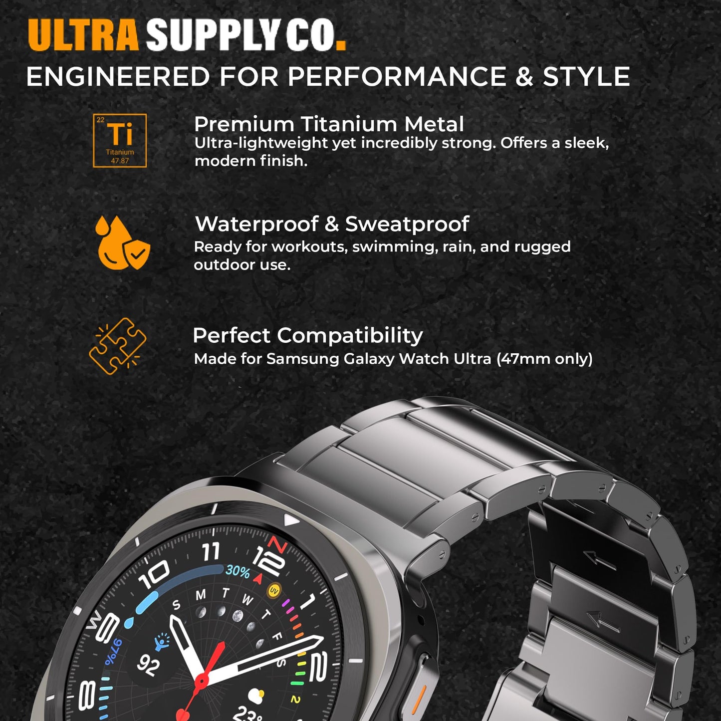 Ultra Supply Co. Titanium Band Compatible with Samsung Galaxy Watch Ultra 47mm - Grade 2 Metal Strap with Folding Buckle and Scratch-Proof DLC Coating, Waterproof, One Size Fits All - Titanium Gray
