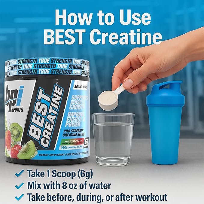 BPI Sports Best Creatine - Creatine Monohydrate Powder for Men & Women, Himalayan Salt - Strength, Pump, Endurance, Muscle Growth, Muscle Definition, No Bloat - Kiwi Strawberry - 50 Servings - 9.07 Oz