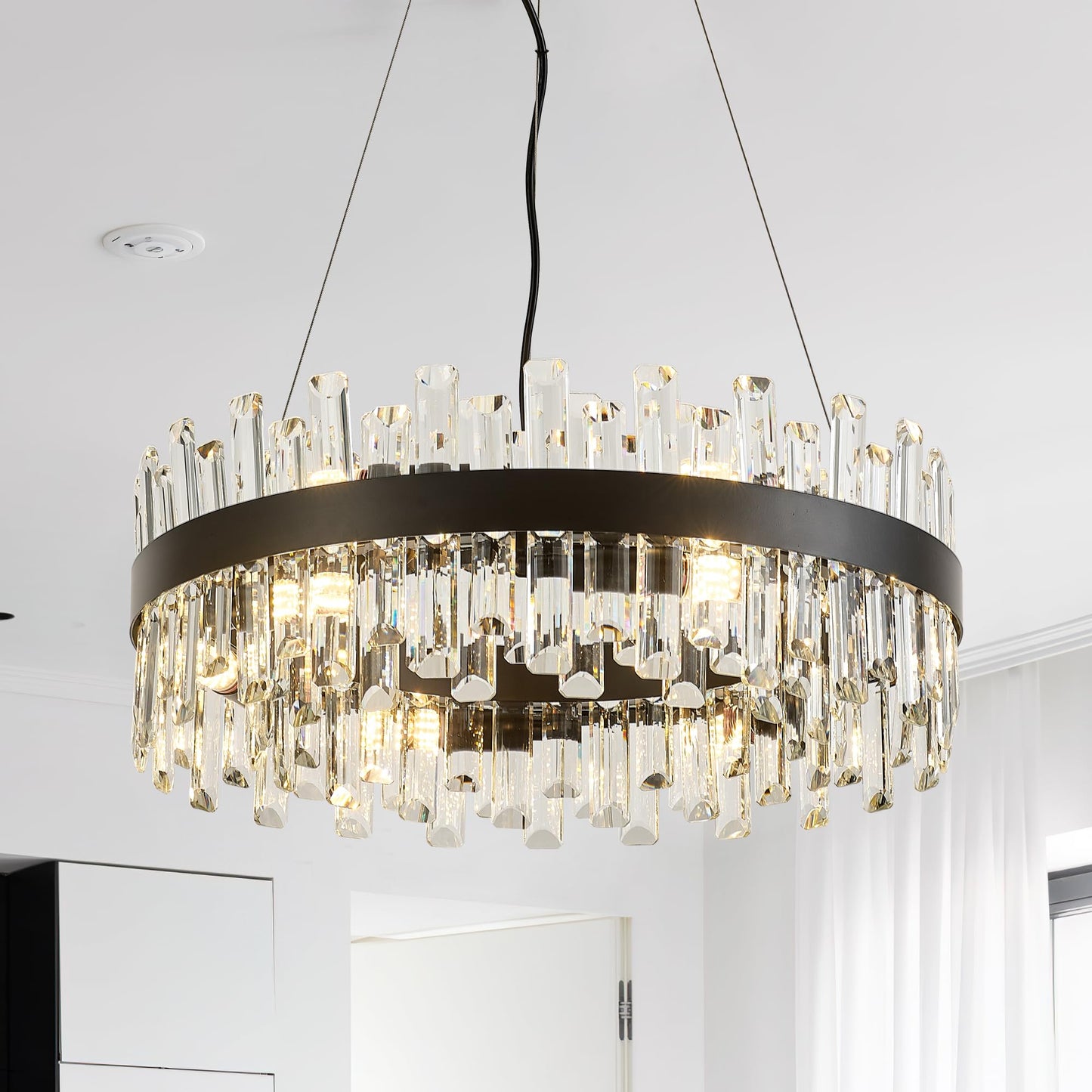Lighceac 21.7 Black Modern Crystal Chandelier Light Fixtures stylish 2 Ring Crystal Chandeliers For Dining Room 12-Light Round Hanging Pendant Lighting For Living Room Kitchen Island Entryway Bedroom