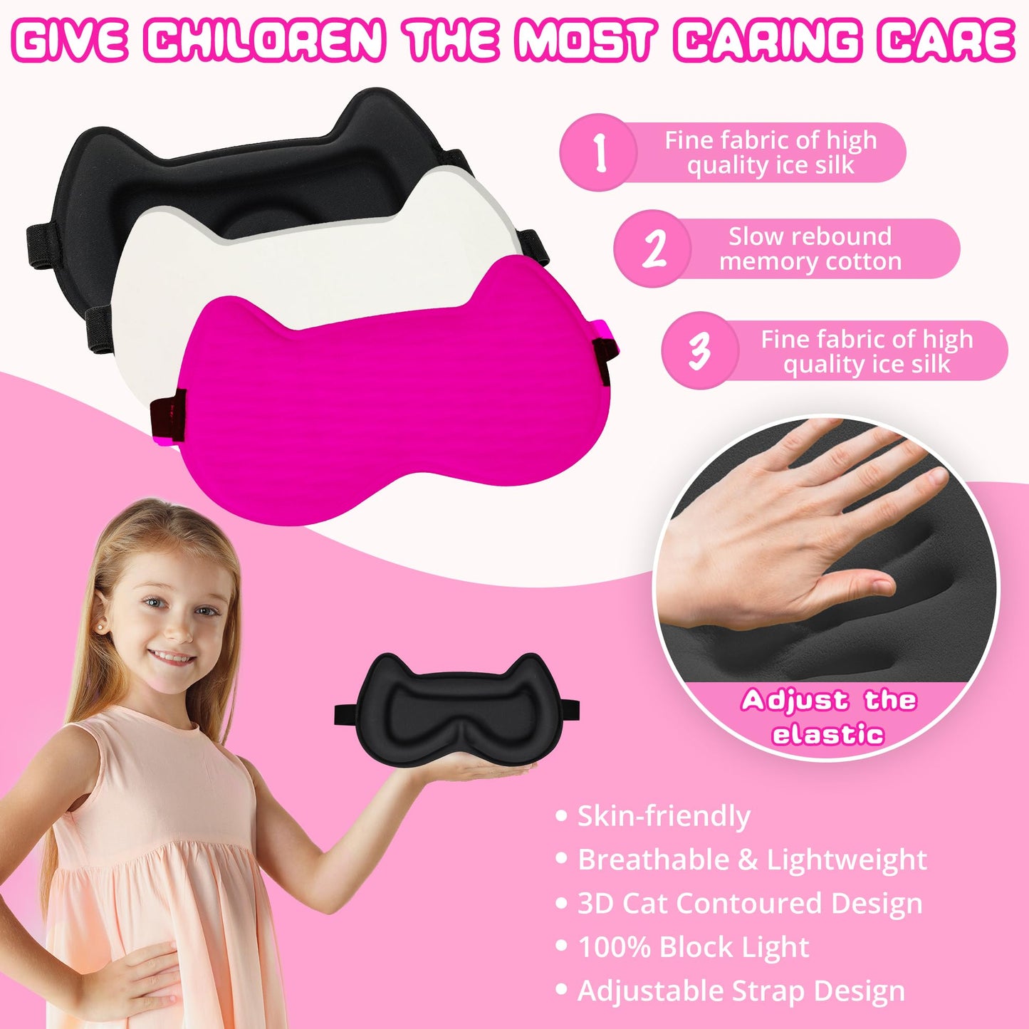 Kids Sleep Mask Eye Mask: 3D Contoured Cup Sleeping Masks, Blindfold with Adjustable Strap, Kids Eye Cover for Boys, Girls, Teens, Pressure-Free with Memory Foam Face Mask for Sleeping (Rose Red)