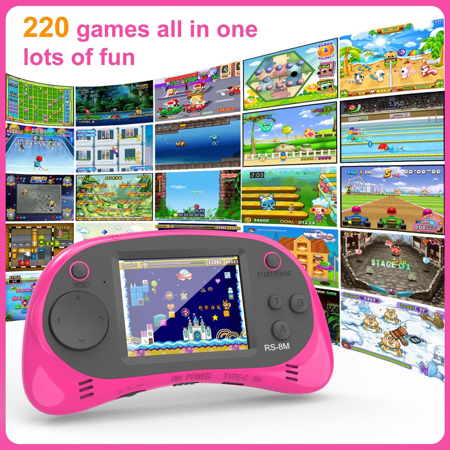 Kids Handheld Games 16 Bit Retro Video Game with 220 HD Electronic Games - 2.5'' LCD Portable Travel Games Gifts for Boys Girls Ages 4-12