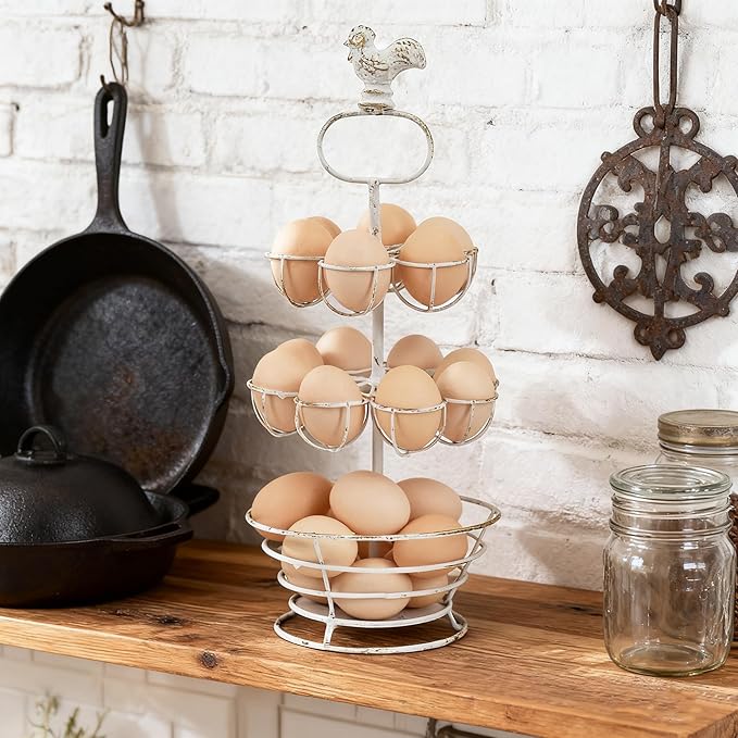 Vintage White Metal Egg Holder with Rooster Top - 2-Tier & Bottom Basket Design, Farmhouse Distressed Decor Egg Storage Rack for Kitchen Countertop Decor (White with Gold)