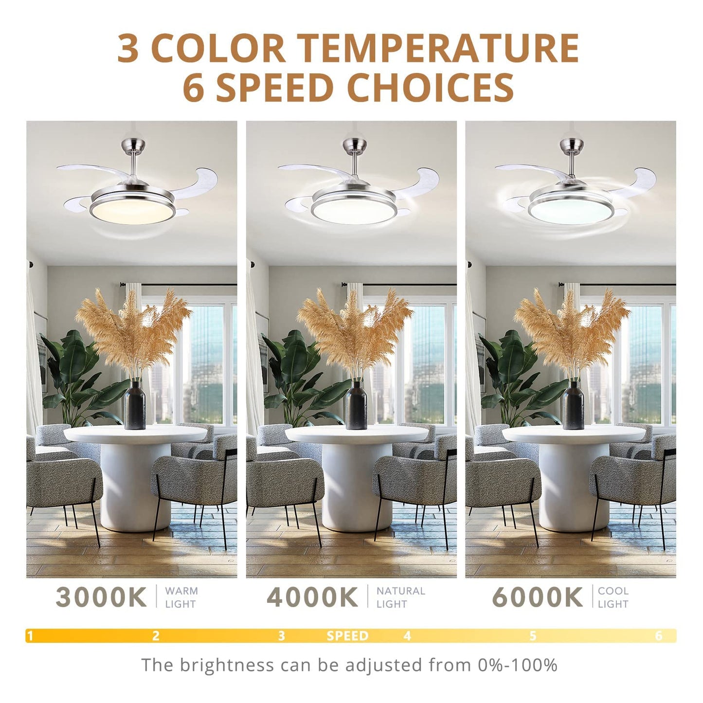 Sterren Retractable Ceiling Fans With Lights,42 Inch Modern Low Profile Bladeless Led Ceiling Fan Lights With Remote Control Sma