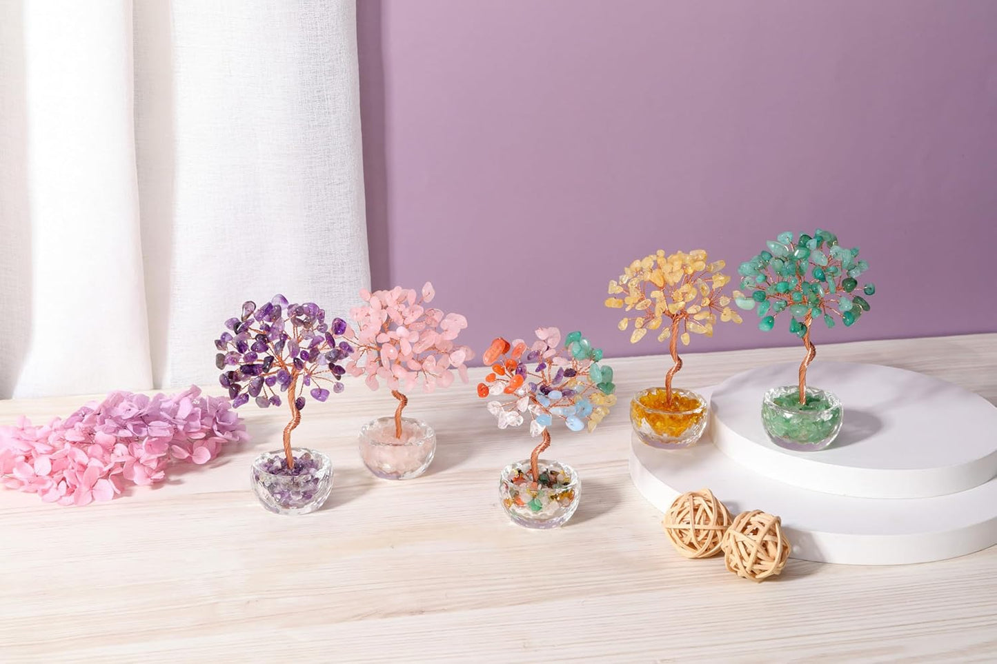 Jovivi Small Rose Quartz Crystal Tree, Natural Crystal Healing Stones Tree Glass Bowl Base Gemstone Money Trees Feng Shui Good Luck Home Desk Decor