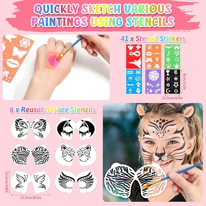 Professional Face Painting Kit, 26 Colors Oil Palette Face Paint with 6 Stencils, 41 Stencil Stickers, 10 Brushes, 9 Body Glitter, 2 Sheets Adhesive Gems, Rainbow Facepaint for Kids Party & Halloween